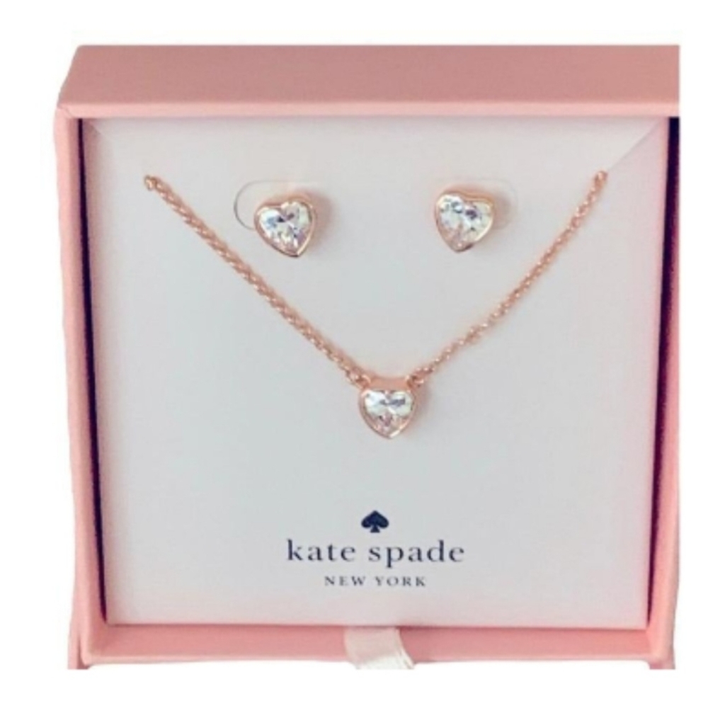 NWT - Kate Spade Rose Gold CZ Heart Earring & Necklace Set
